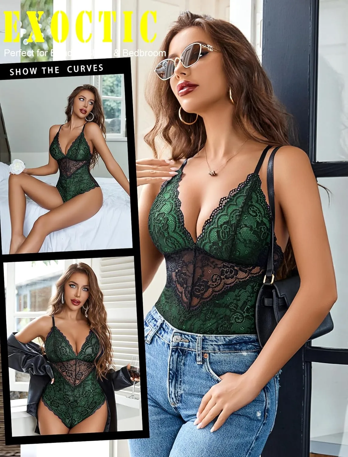 Avidlove Lingerie for Women One Piece Snap Crotch Teddy Bodysuit Contrast Lace Mini Babydoll