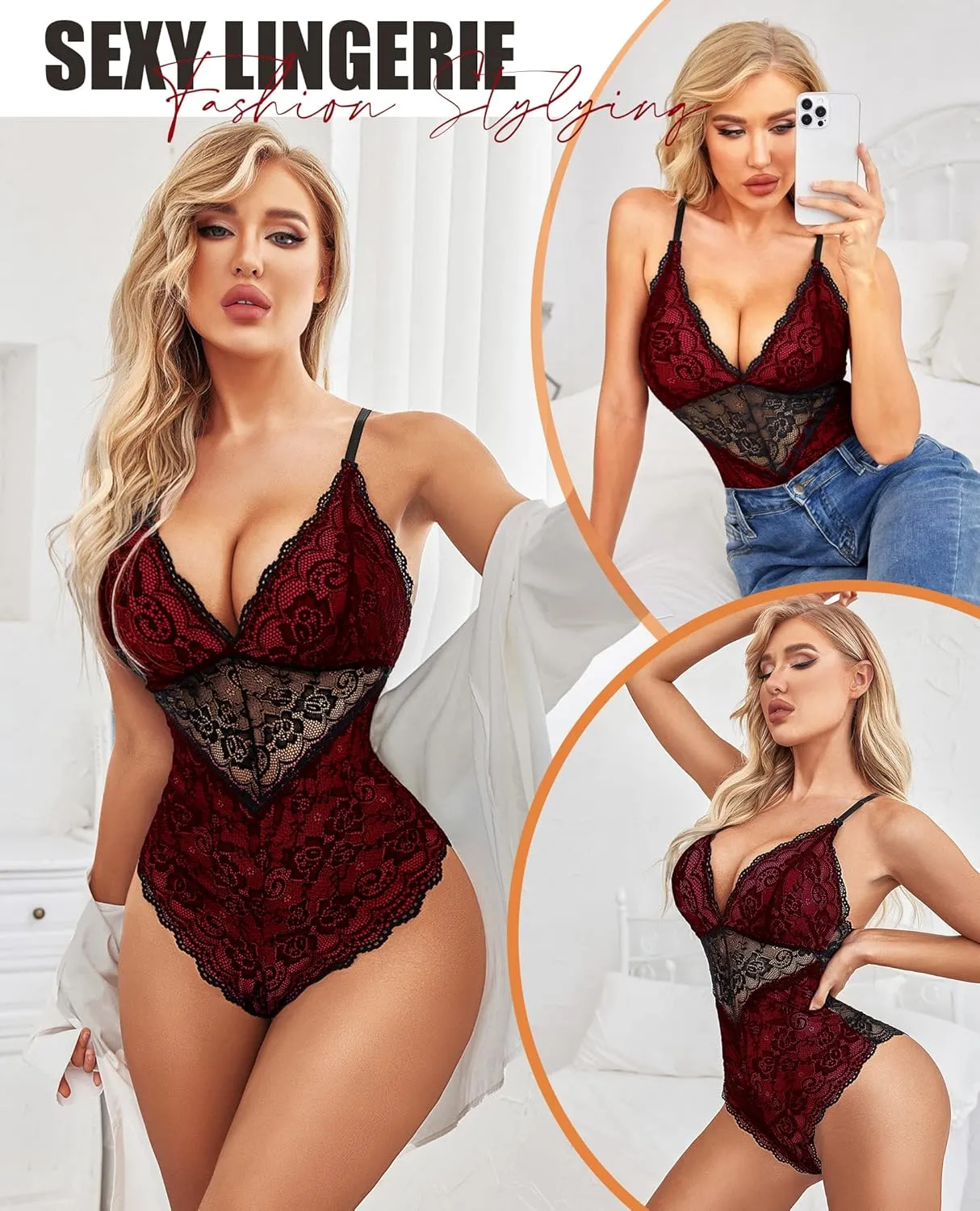 Avidlove Lingerie for Women One Piece Snap Crotch Teddy Bodysuit Contrast Lace Mini Babydoll