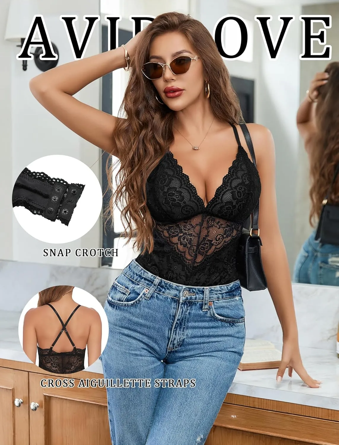Avidlove Lingerie for Women One Piece Snap Crotch Teddy Bodysuit Contrast Lace Mini Babydoll