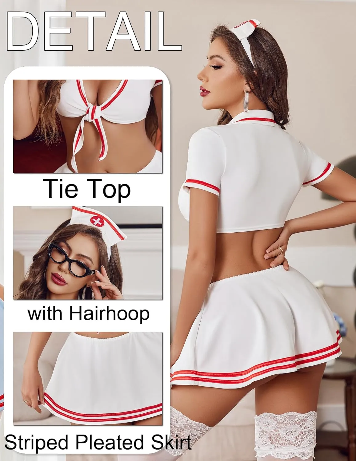 Avidlove Sexy Nurse Lingerie for Women Roleplay Lingerie Set Nurse Cosplay Outfits with Tie Top and Mini Pleated Skirt Set
