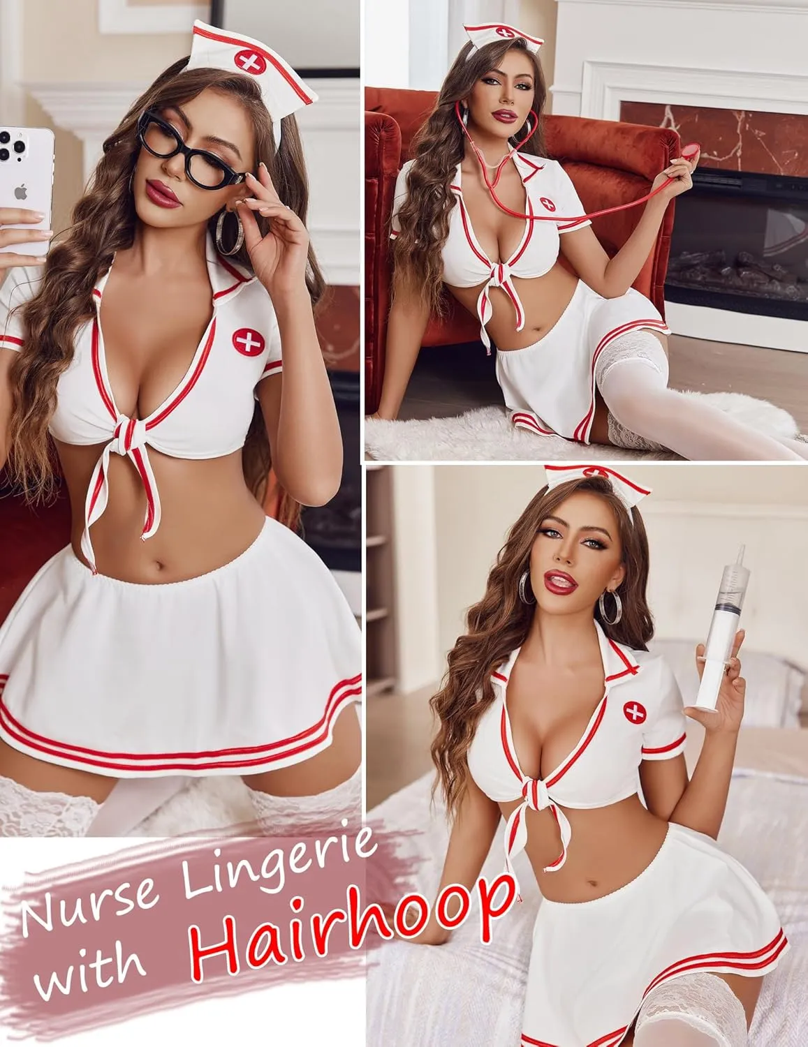 Avidlove Sexy Nurse Lingerie for Women Roleplay Lingerie Set Nurse Cosplay Outfits with Tie Top and Mini Pleated Skirt Set