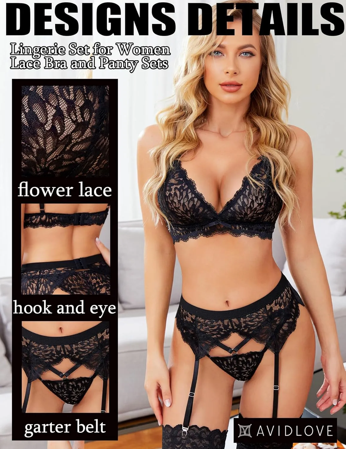 Avidlove Women Garter Lingerie Set 3 Piece Lace Bra and Panty Set with Garter Blet Sexy Bralette Set