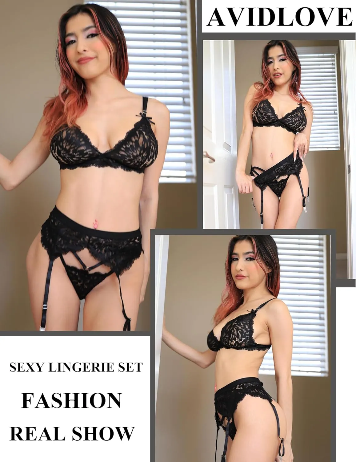 Avidlove Women Garter Lingerie Set 3 Piece Lace Bra and Panty Set with Garter Blet Sexy Bralette Set