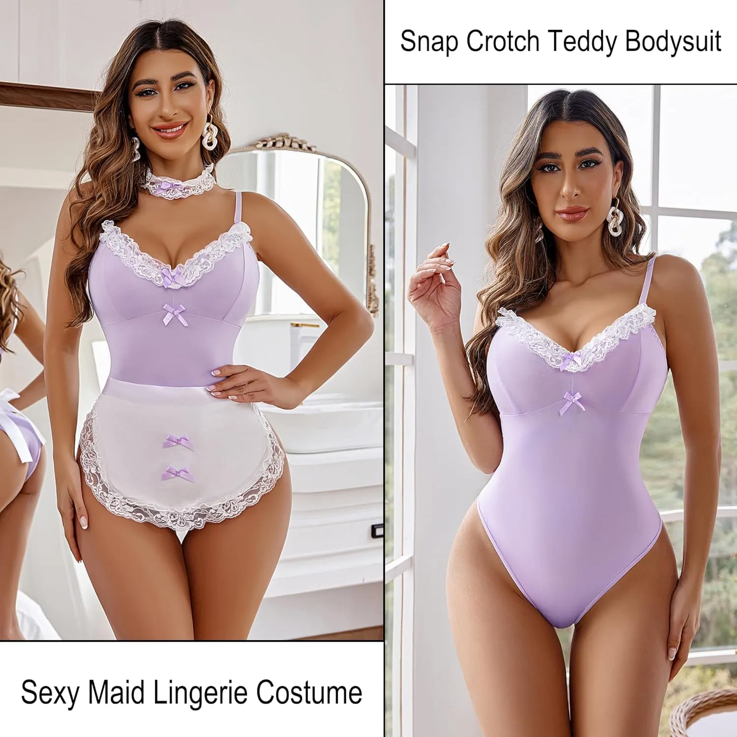 Avidlove Women Maid Costume Set Sexy Halloween Cosplay Lingerie Teddy and Apron with Choker