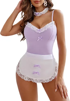 Avidlove Women Maid Costume Set Sexy Halloween Cosplay Lingerie Teddy and Apron with Choker