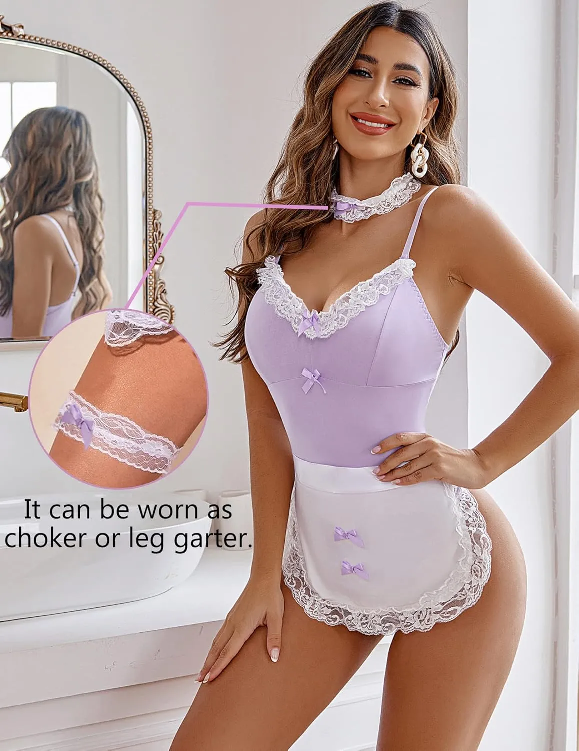 Avidlove Women Maid Costume Set Sexy Halloween Cosplay Lingerie Teddy and Apron with Choker