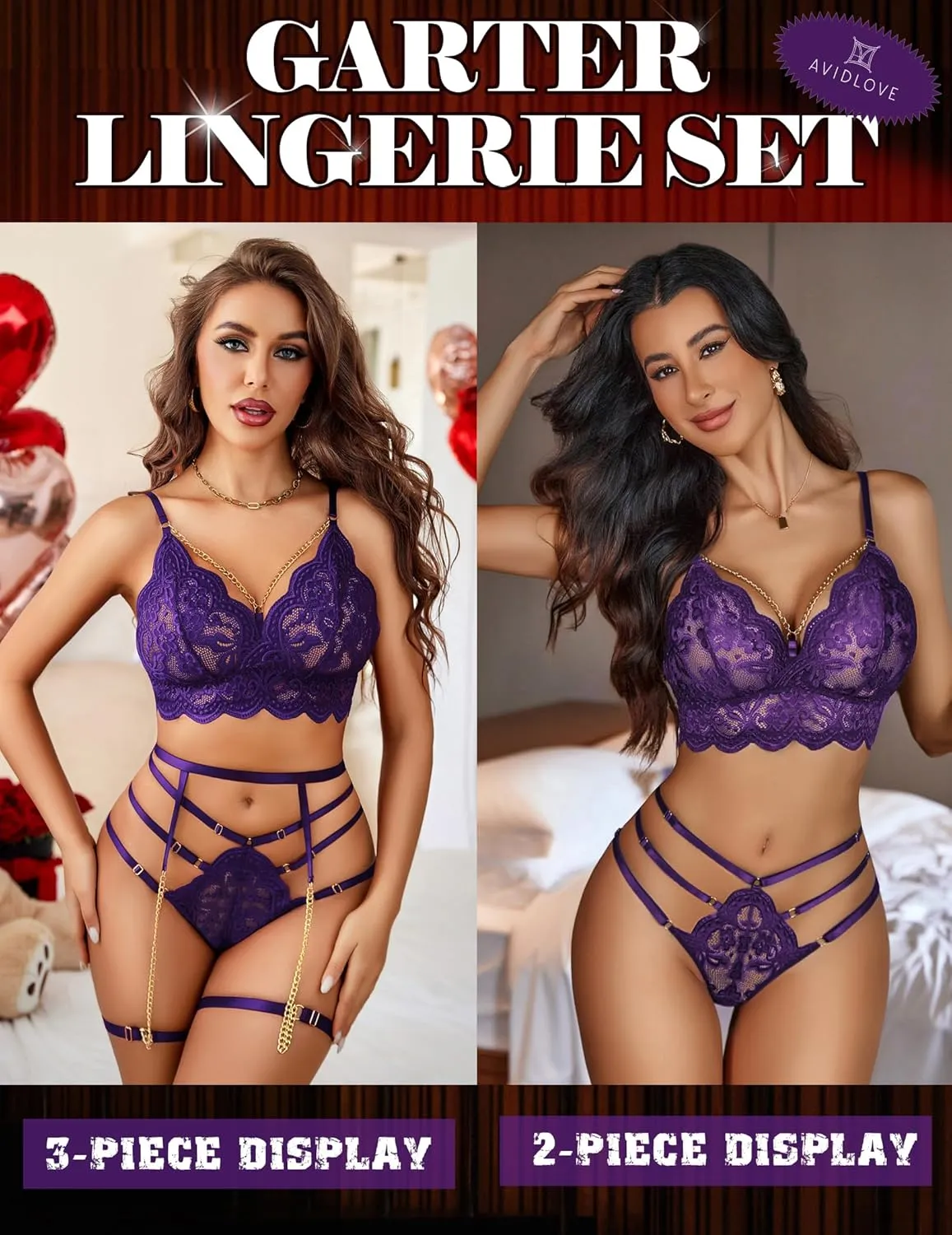 Avidlove Women's Lingerie Set 3 Piece Garter Lingerie Lace Bra and Panty Set S-XXL