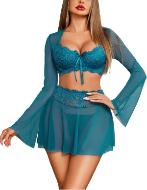 Avidlove Women's Sexy Contrast Lace Mesh Lingerie Set 3pcs Bell-Sleeved Top Lingerie Skirt
