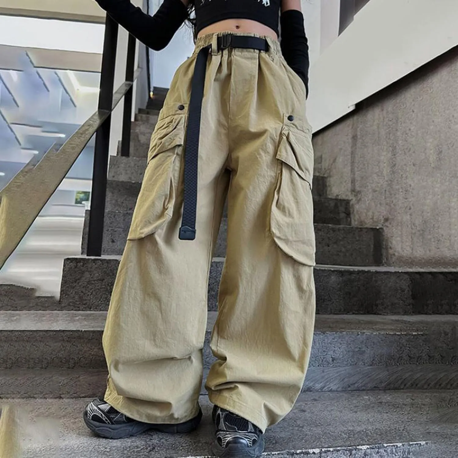 Baggy Cargo Pants for Teen Girls Parachute Pants Wide Leg Pants Kids Joggers Y2k Streetwear Elastic Waist Hiking Pants