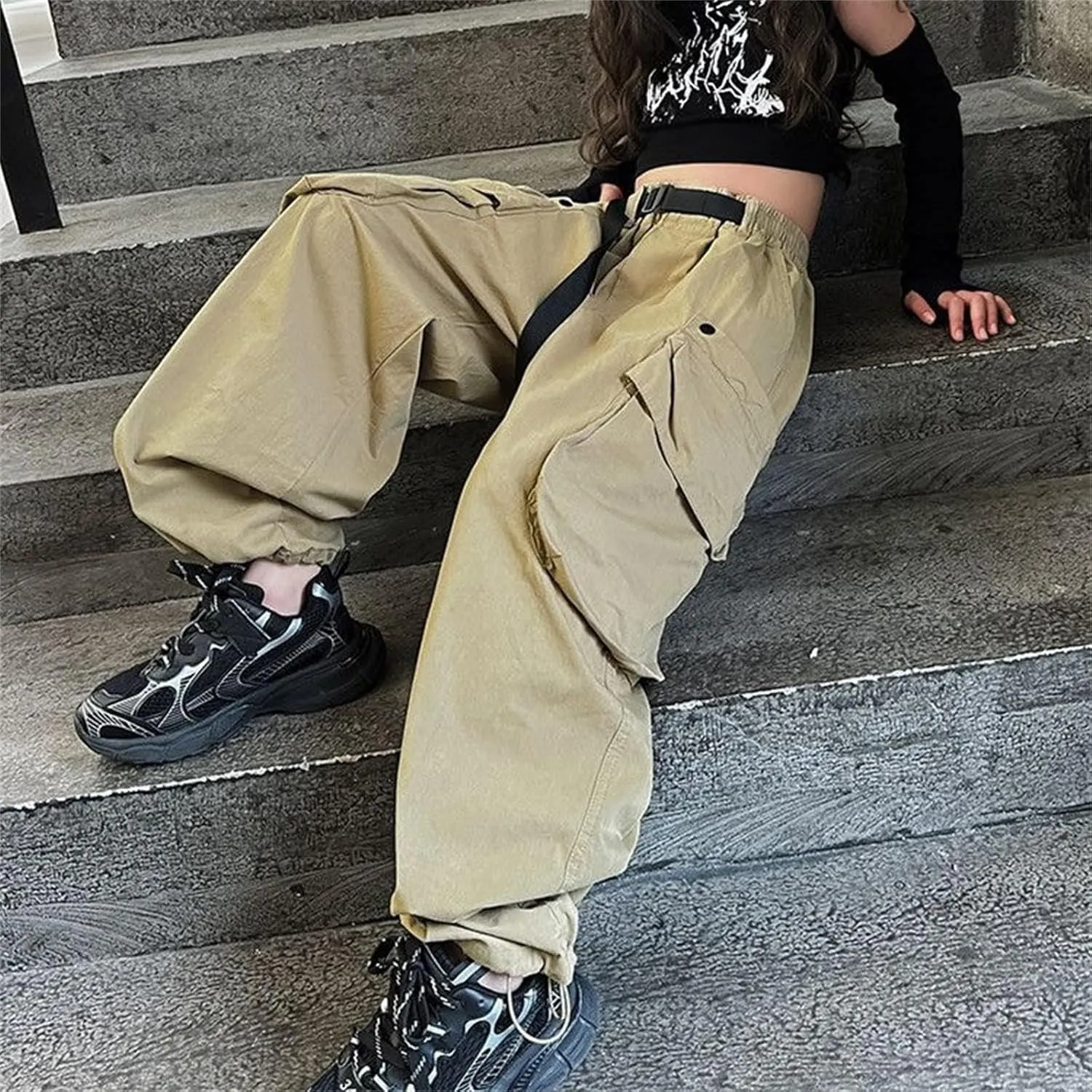 Baggy Cargo Pants for Teen Girls Parachute Pants Wide Leg Pants Kids Joggers Y2k Streetwear Elastic Waist Hiking Pants