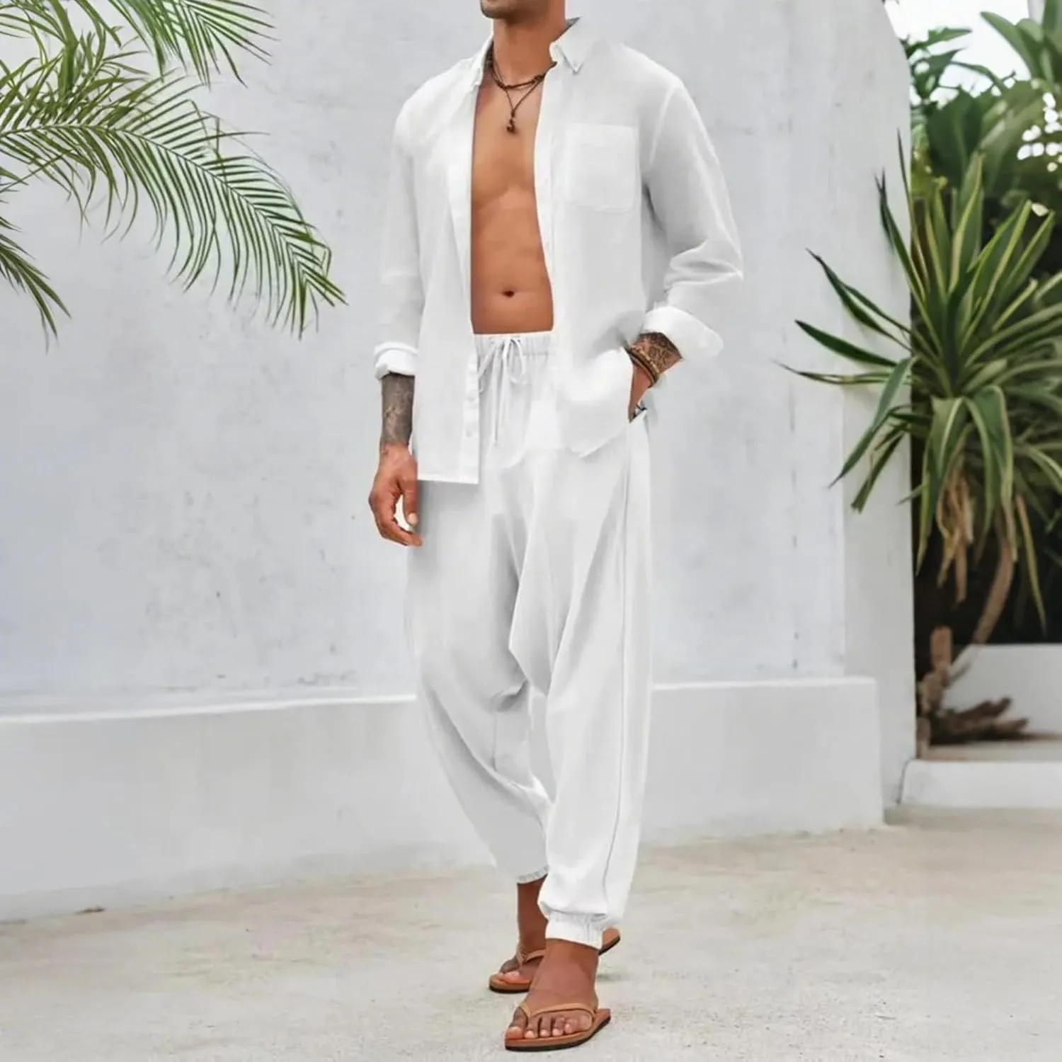 Baggy Harem Pants Men Linen Summer Hippie Pants Elastic Waist Beach Pants Drawstring Boho Holiday Flowy Pants with Pockets