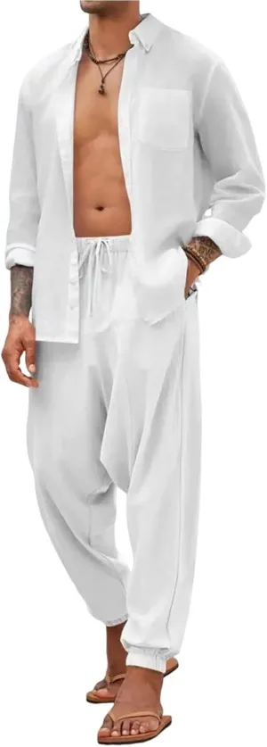 Baggy Harem Pants Men Linen Summer Hippie Pants Elastic Waist Beach Pants Drawstring Boho Holiday Flowy Pants with Pockets