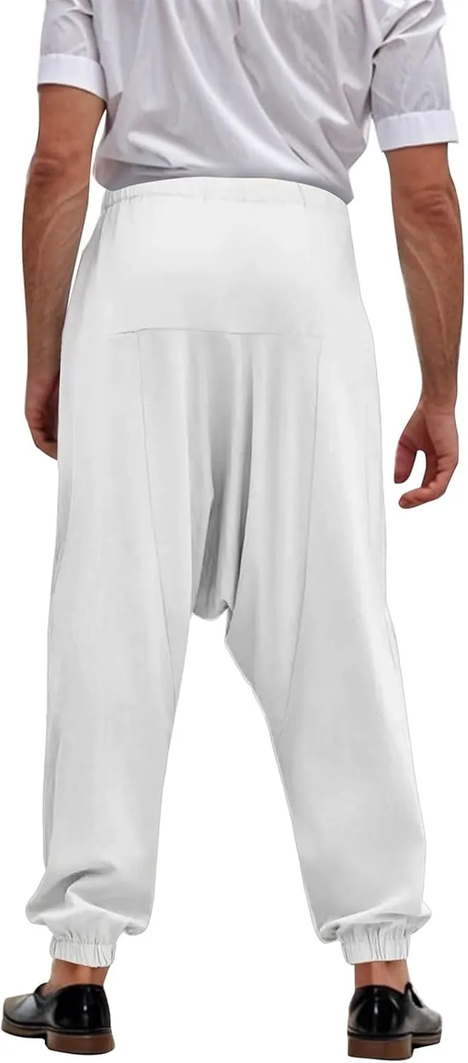 Baggy Harem Pants Men Linen Summer Hippie Pants Elastic Waist Beach Pants Drawstring Boho Holiday Flowy Pants with Pockets