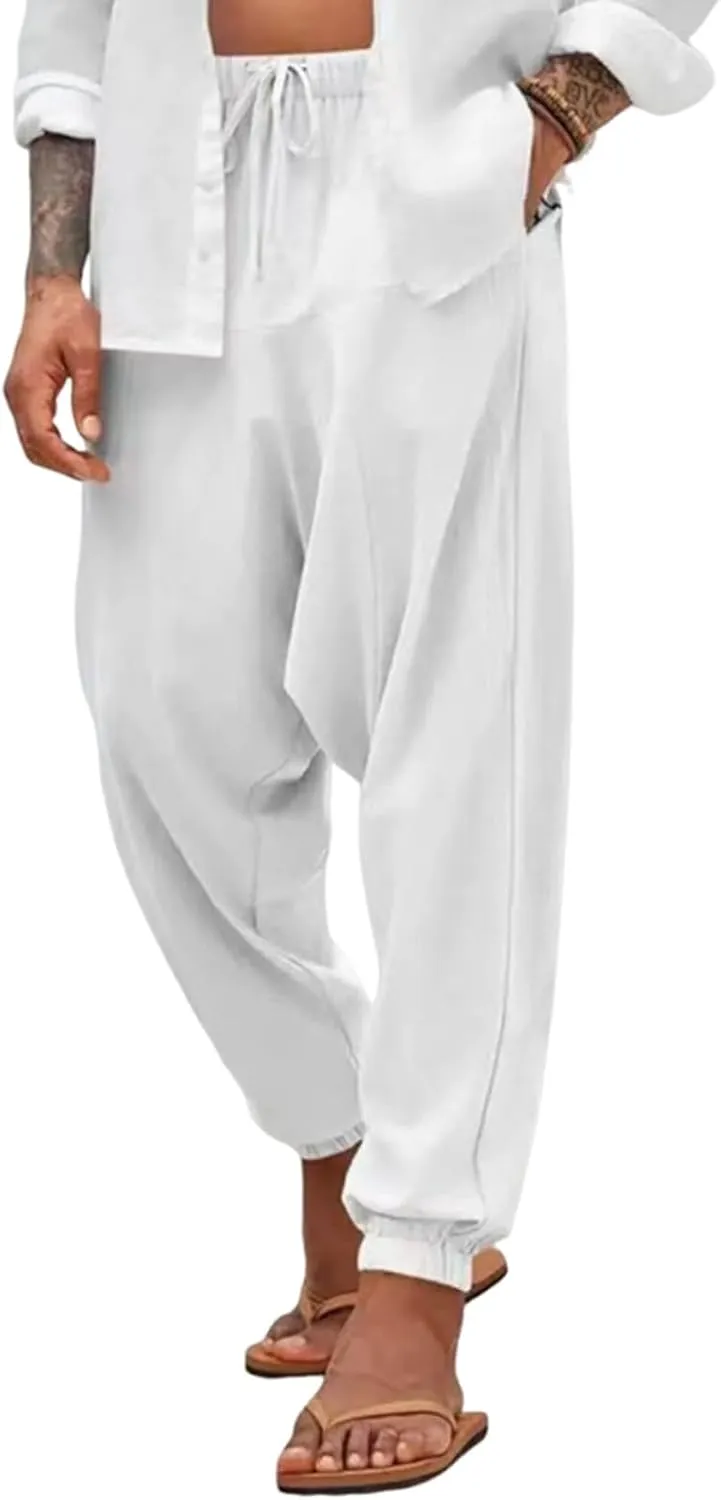 Baggy Harem Pants Men Linen Summer Hippie Pants Elastic Waist Beach Pants Drawstring Boho Holiday Flowy Pants with Pockets
