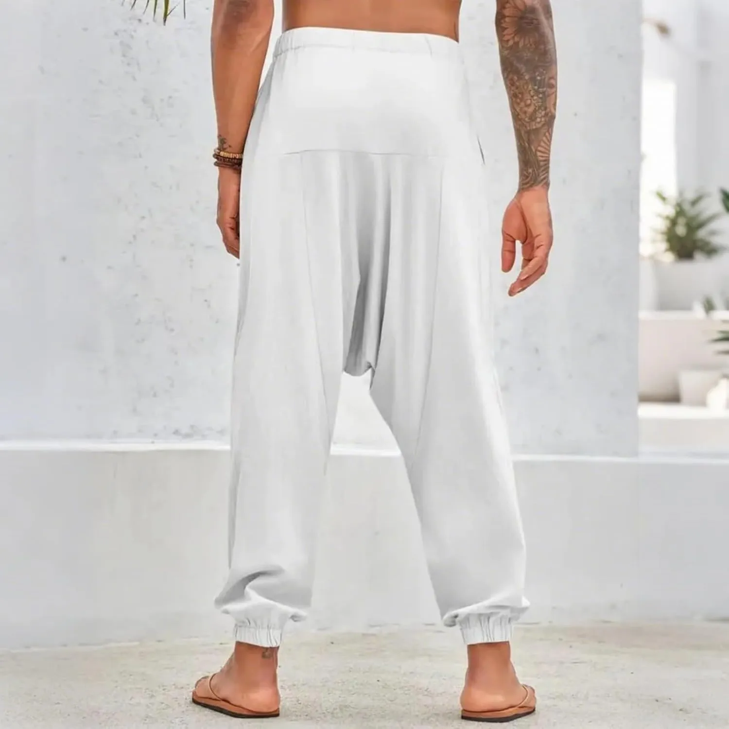 Baggy Harem Pants Men Linen Summer Hippie Pants Elastic Waist Beach Pants Drawstring Boho Holiday Flowy Pants with Pockets