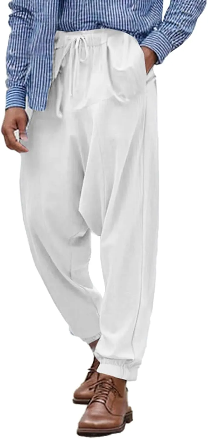 Baggy Harem Pants Men Linen Summer Hippie Pants Elastic Waist Beach Pants Drawstring Boho Holiday Flowy Pants with Pockets