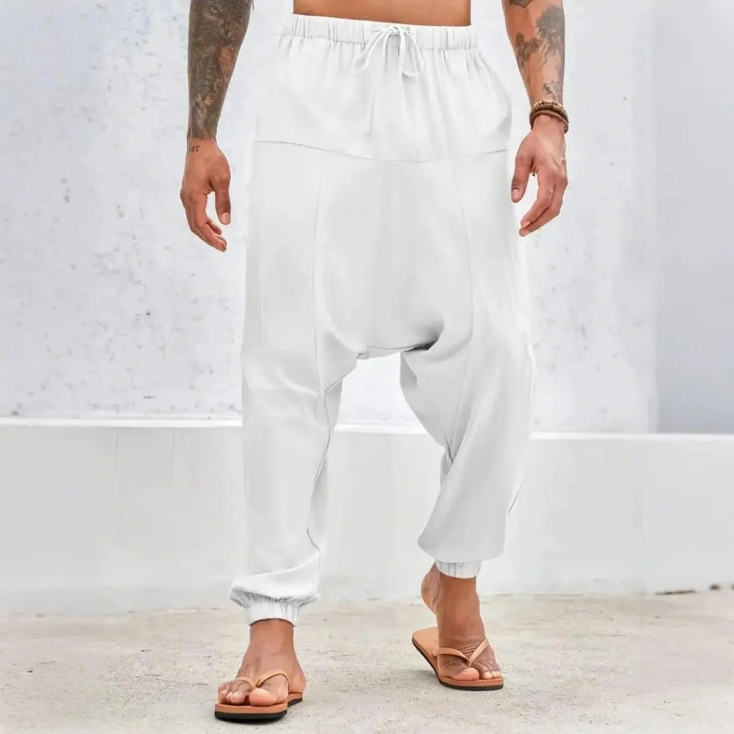 Baggy Harem Pants Men Linen Summer Hippie Pants Elastic Waist Beach Pants Drawstring Boho Holiday Flowy Pants with Pockets