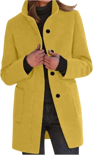 Borniu Women Elegant Lapel Collar Single Breasted Wool Blend Mid-Long Pea Coat Trench Coat Winter Jacket Outwear