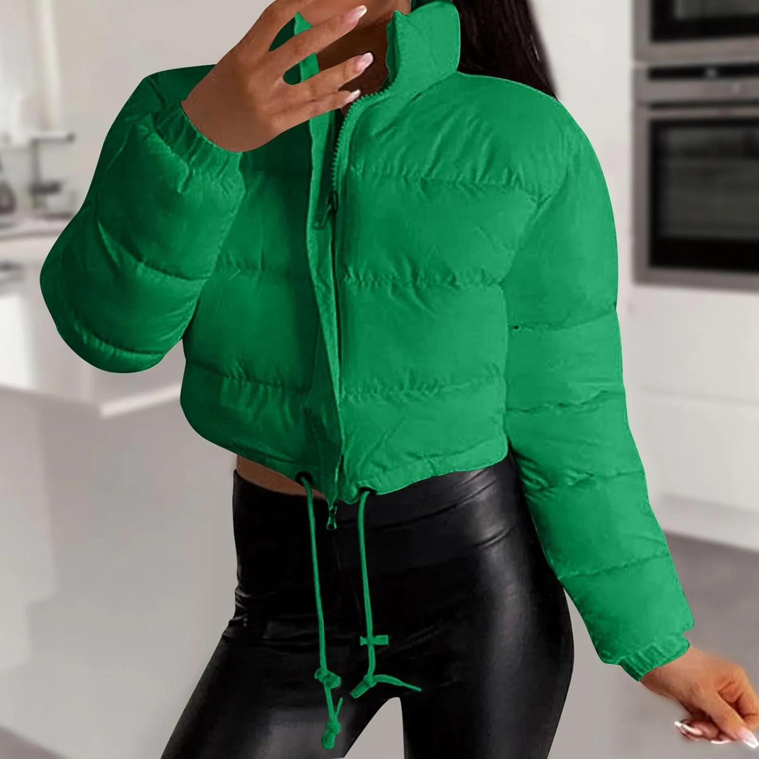 Borniu Womens Cropped Puffer Jacket Stand Collar Zip Up Winter Padded Down Coats Lightweight Quilted Short Jacket