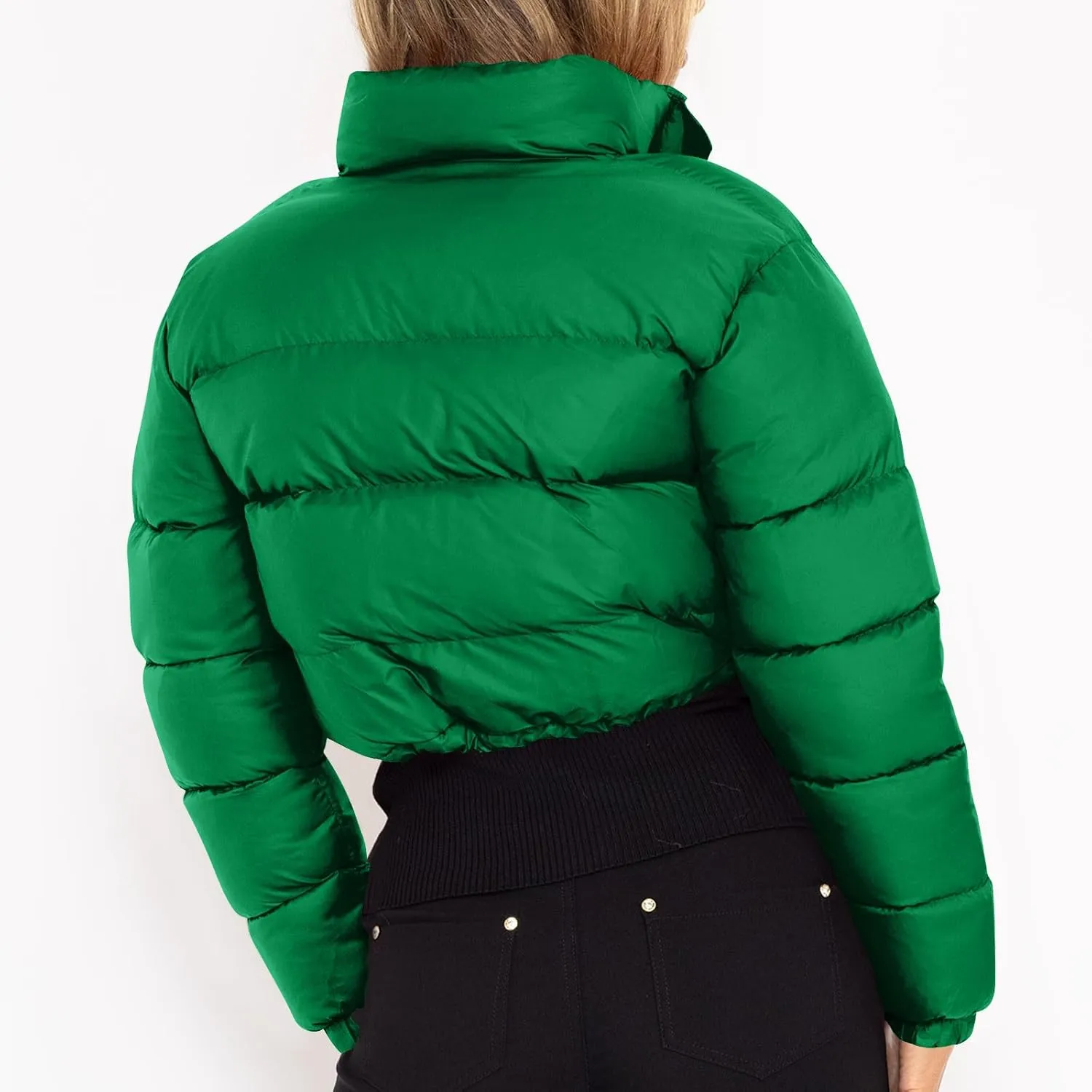 Borniu Womens Cropped Puffer Jacket Stand Collar Zip Up Winter Padded Down Coats Lightweight Quilted Short Jacket