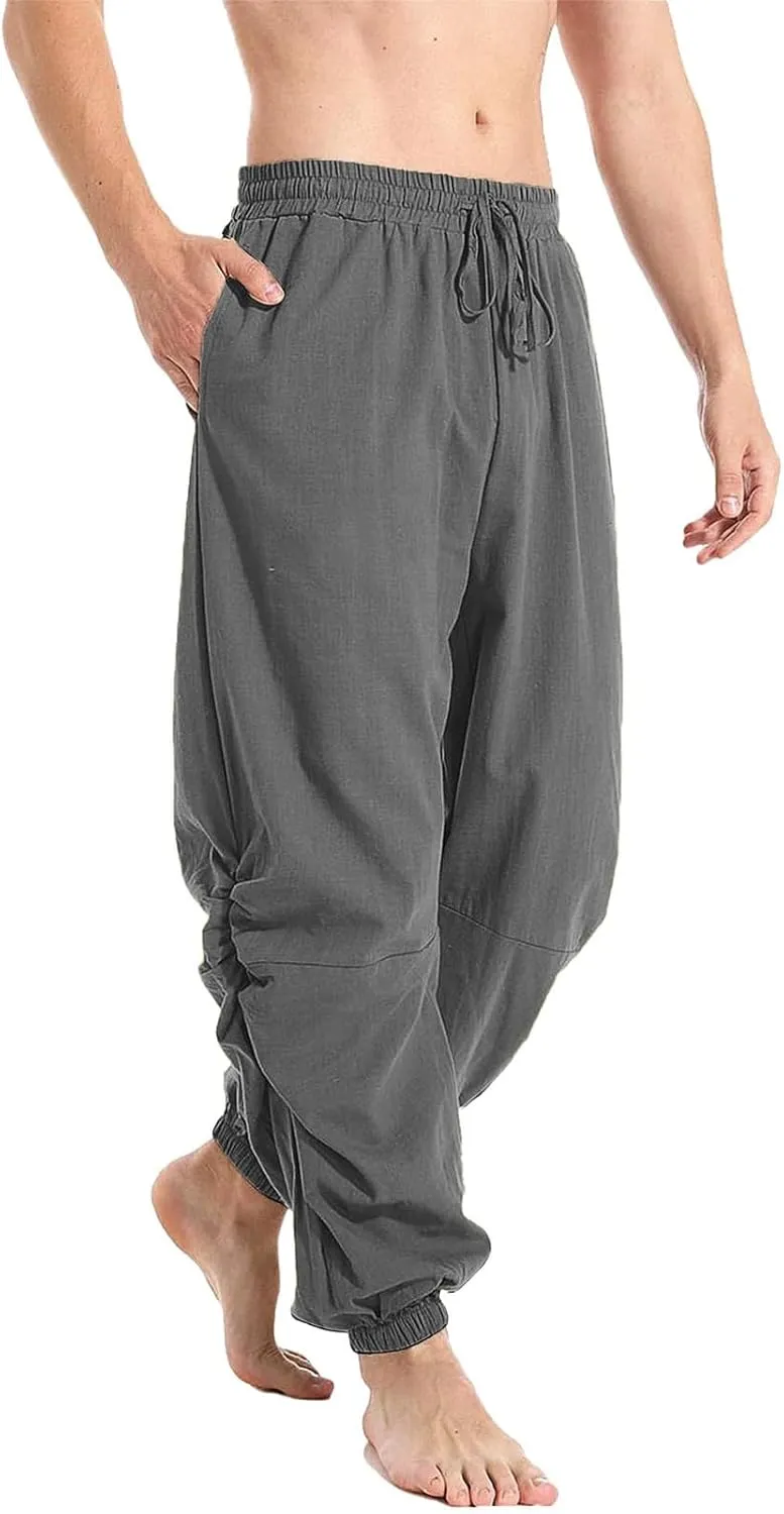 Cambkatl Men's Loose Summer Linen Harem Pants Lightweight Drawstring Casual Elastic Waist Beach Yoga Trousers with Pockets