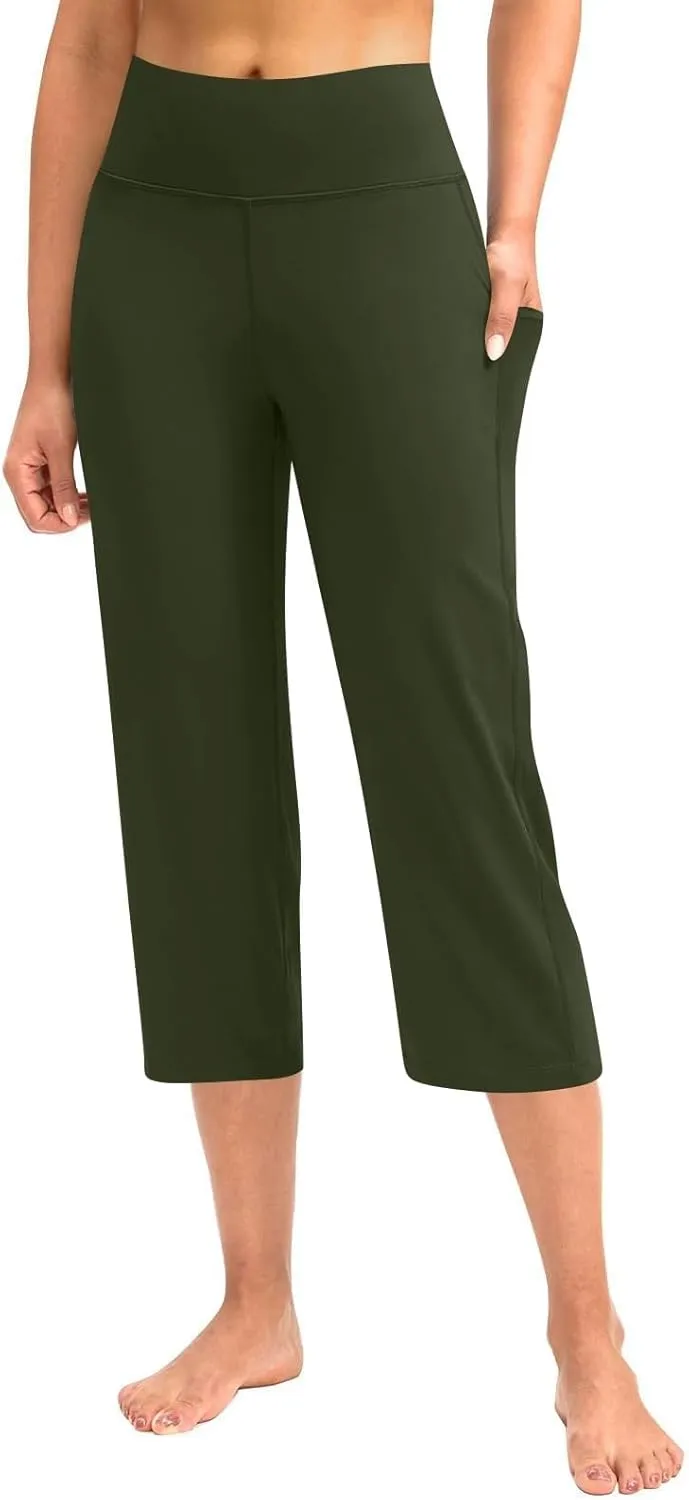Capri Yoga Pants Womens Slacks Stretch Capris Wide Leg Running Pants Summer Pants 2025 Pull On Pants with Pocket