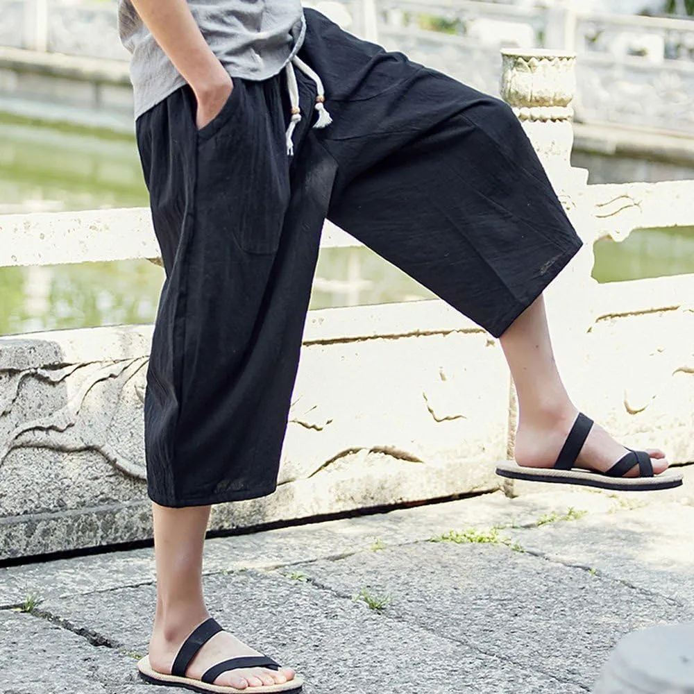 Casual Pants for Mens Linen Pants Relaxed-Fit Beach Trousers Summer Yoga Pants Drawstring Elastic Waist Pants