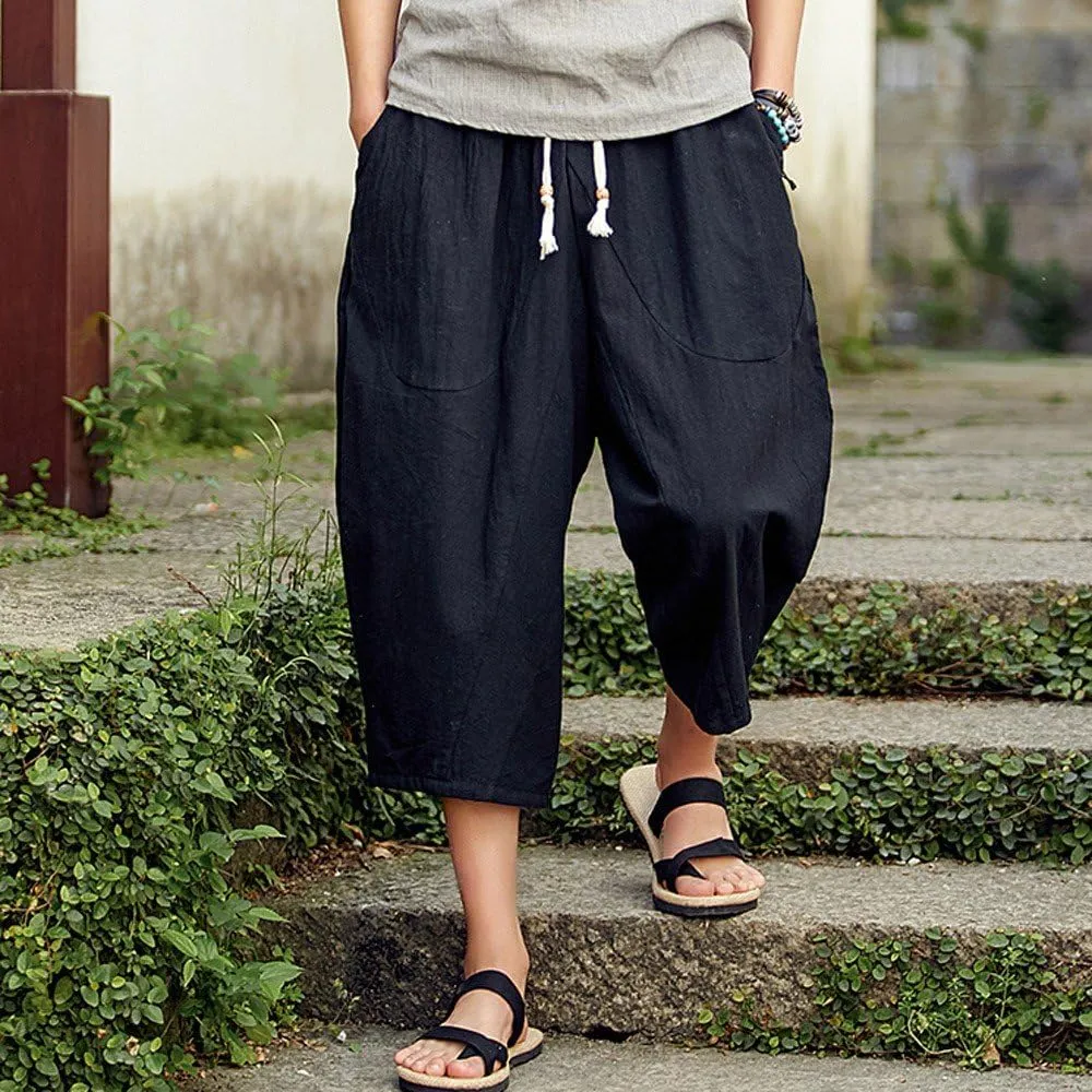 Casual Pants for Mens Linen Pants Relaxed-Fit Beach Trousers Summer Yoga Pants Drawstring Elastic Waist Pants