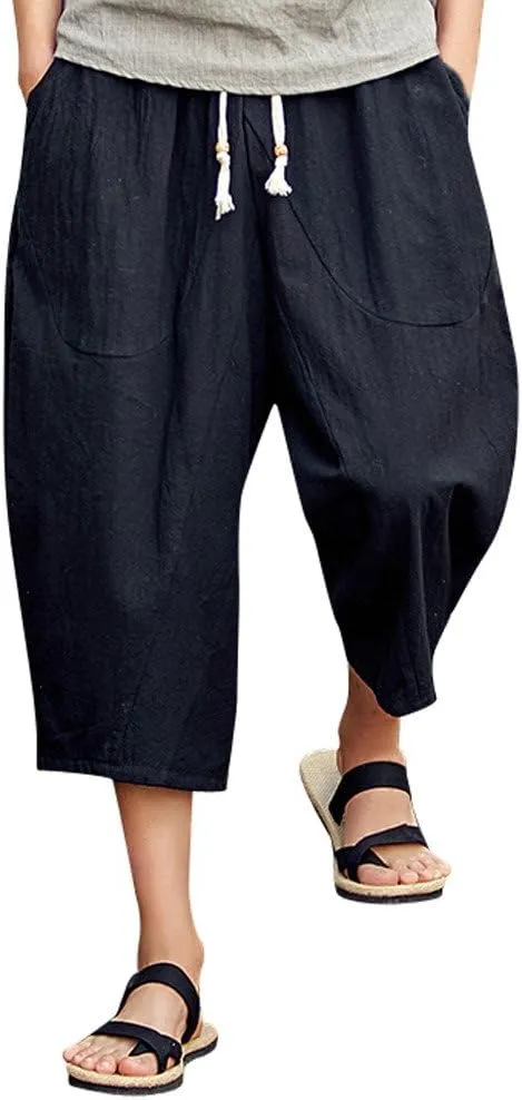 Casual Pants for Mens Linen Pants Relaxed-Fit Beach Trousers Summer Yoga Pants Drawstring Elastic Waist Pants