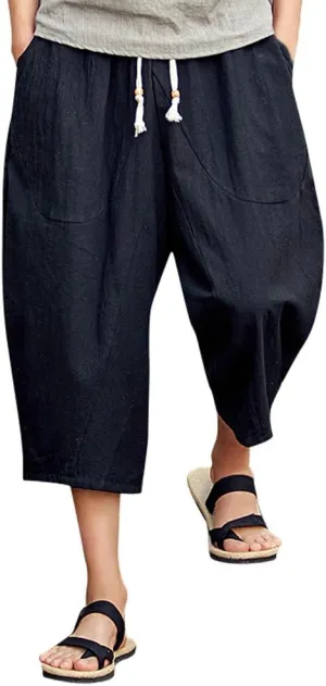 Casual Pants for Mens Linen Pants Relaxed-Fit Beach Trousers Summer Yoga Pants Drawstring Elastic Waist Pants