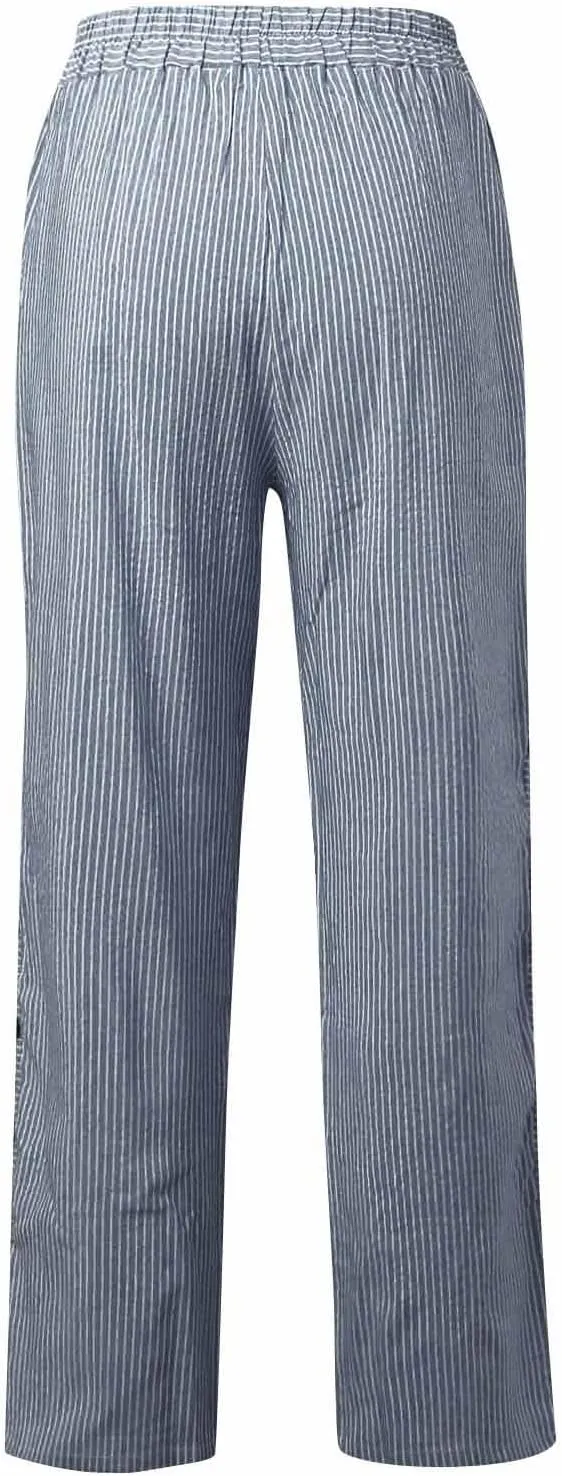 Casual Pants for Women High Waisted Striped Pants Pull On Trousers Pants Loose Straight Leg Cropped Pants with Pockets