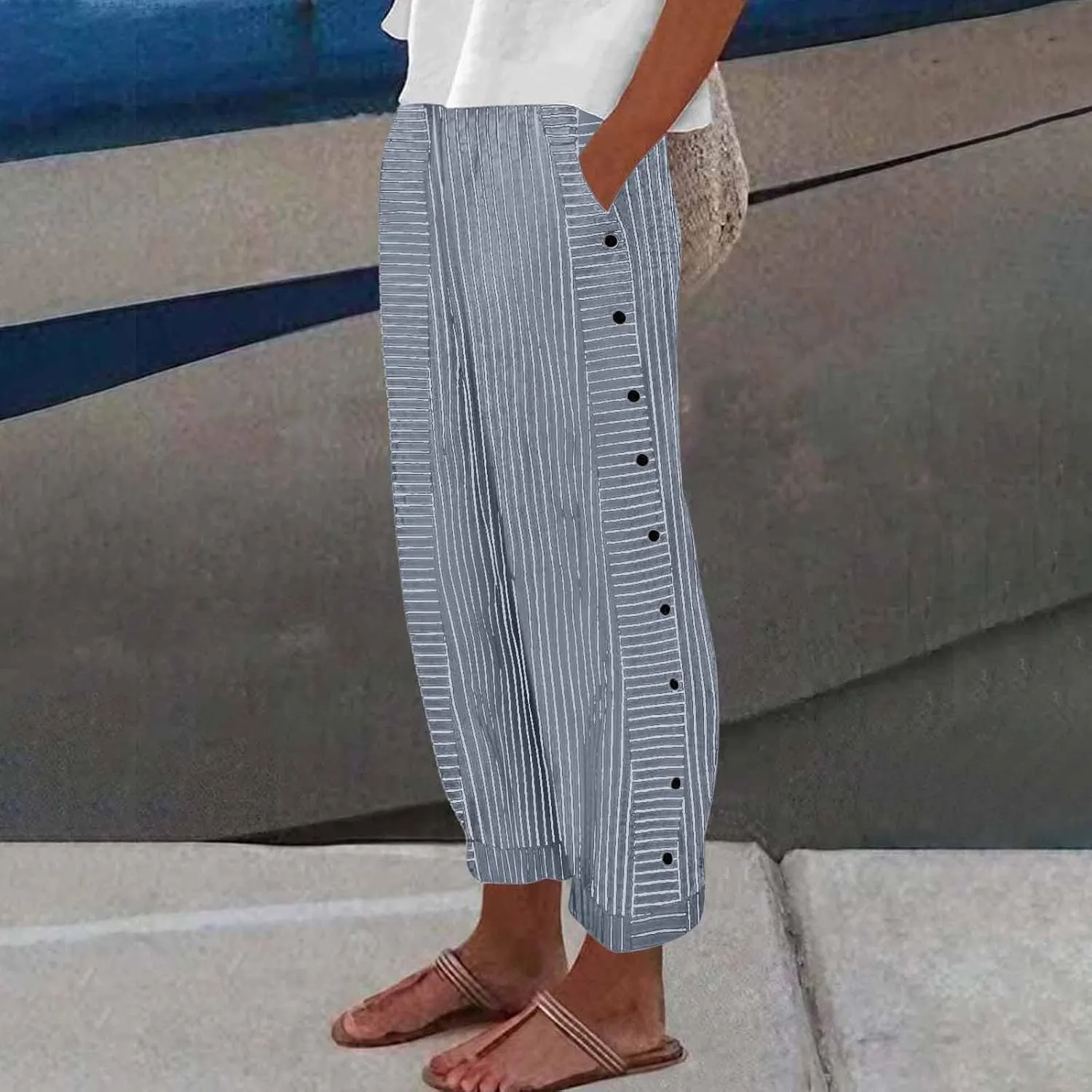Casual Pants for Women High Waisted Striped Pants Pull On Trousers Pants Loose Straight Leg Cropped Pants with Pockets