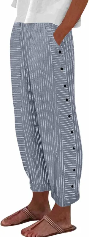 Casual Pants for Women High Waisted Striped Pants Pull On Trousers Pants Loose Straight Leg Cropped Pants with Pockets
