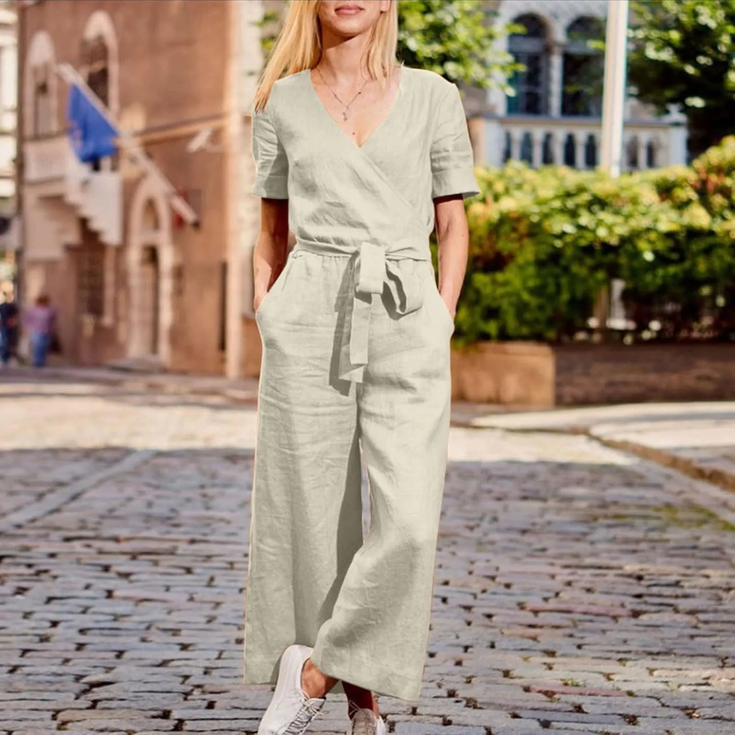 Ceboyel Womens Cotton Linen Romper Jumpsuits V Neck Short Sleeve Belted Wide Leg Pants Summer Casual Vacation Outfits 2023