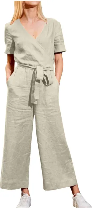 Ceboyel Womens Cotton Linen Romper Jumpsuits V Neck Short Sleeve Belted Wide Leg Pants Summer Casual Vacation Outfits 2023