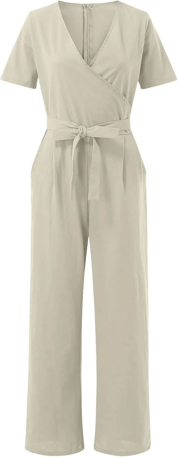 Ceboyel Womens Cotton Linen Romper Jumpsuits V Neck Short Sleeve Belted Wide Leg Pants Summer Casual Vacation Outfits 2023