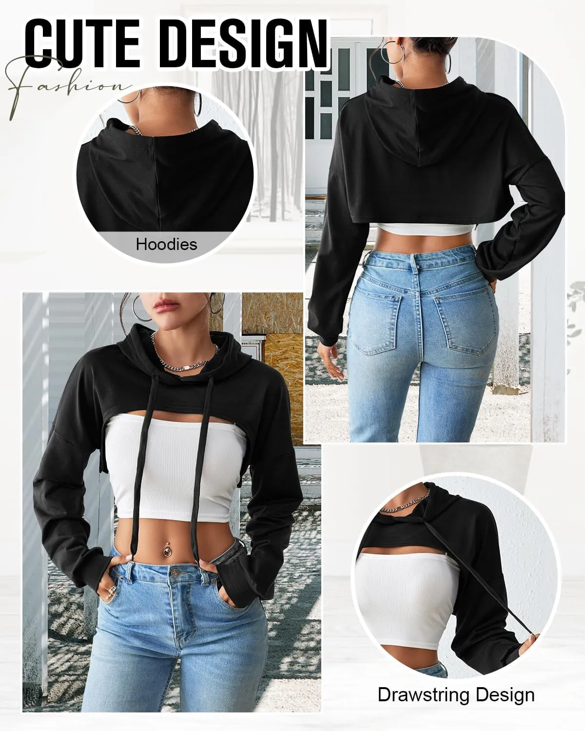 Century Star Womens Long Sleeve Super Cropped Hoodie Pullover Crop Sweatshirts Sexy Workout Gym Drawstring Top