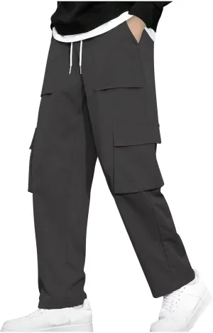 Chino Cargo Pants for Men Elastic Waist Work Pants Straight Leg Hiking Pants Drawstring Stretch Active Pants with Pockets