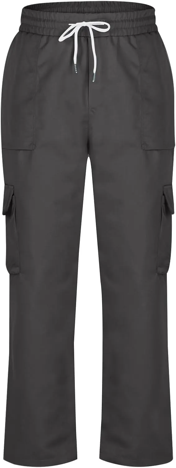 Chino Cargo Pants for Men Elastic Waist Work Pants Straight Leg Hiking Pants Drawstring Stretch Active Pants with Pockets