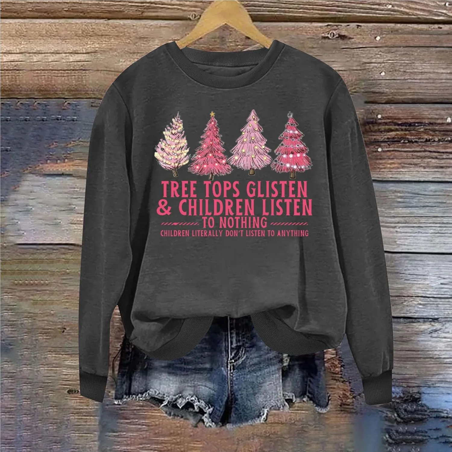 Christmas Sweatshirt for Women Xmas Tree Print Crewneck Long Sleeve Tree Tops Glisten & Children Listen Pullover Tops