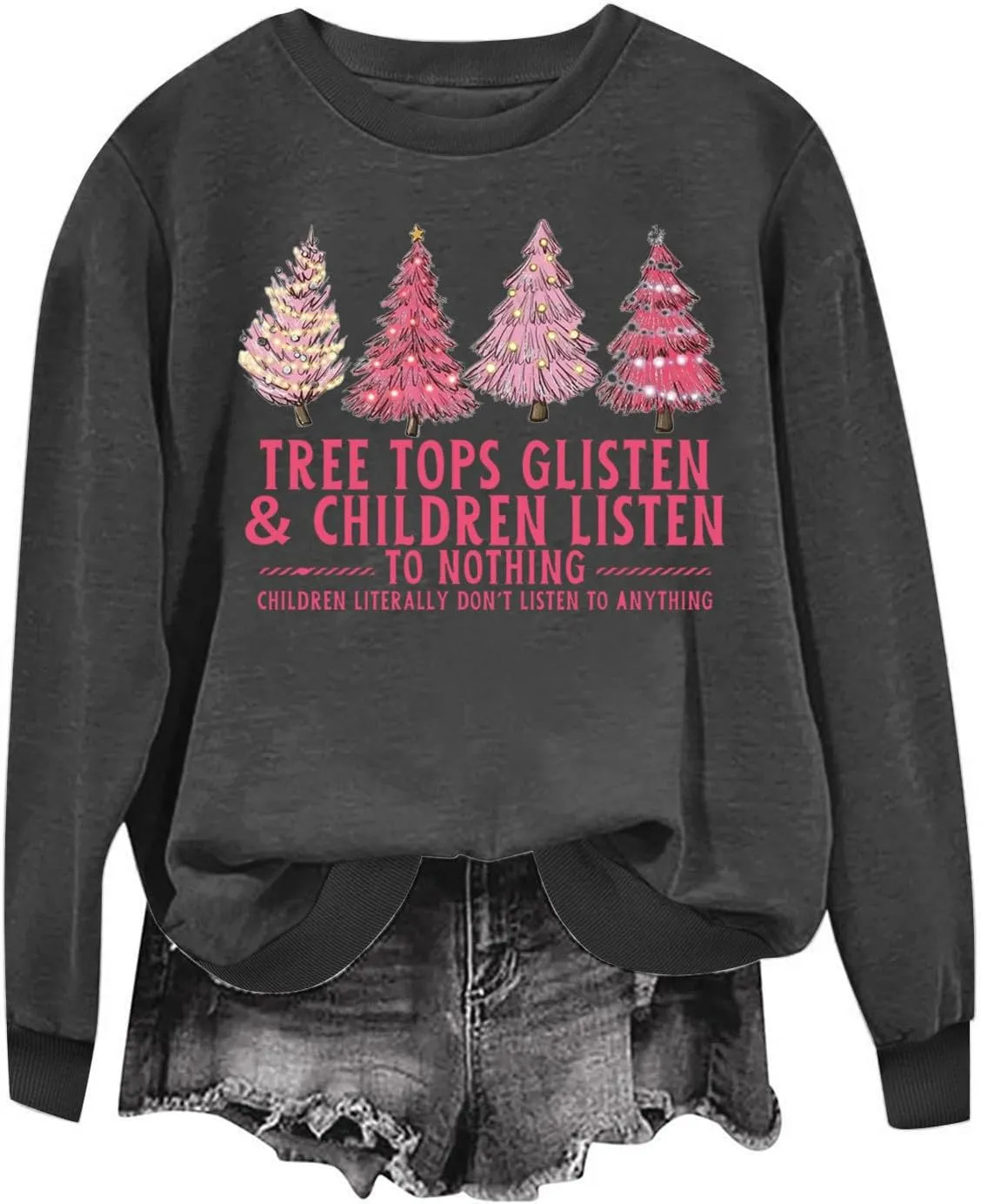 Christmas Sweatshirt for Women Xmas Tree Print Crewneck Long Sleeve Tree Tops Glisten & Children Listen Pullover Tops