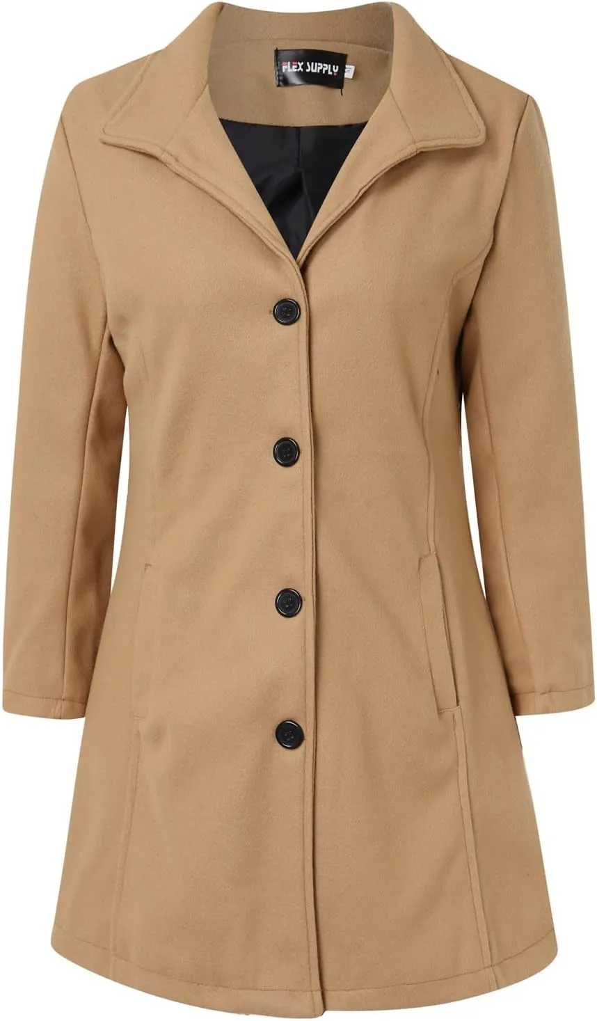 cooki Winter Coats for Women Lapel Single Breasted Pea Coats Women's Wool Blend Trench Coats Casual Button Down Jackets