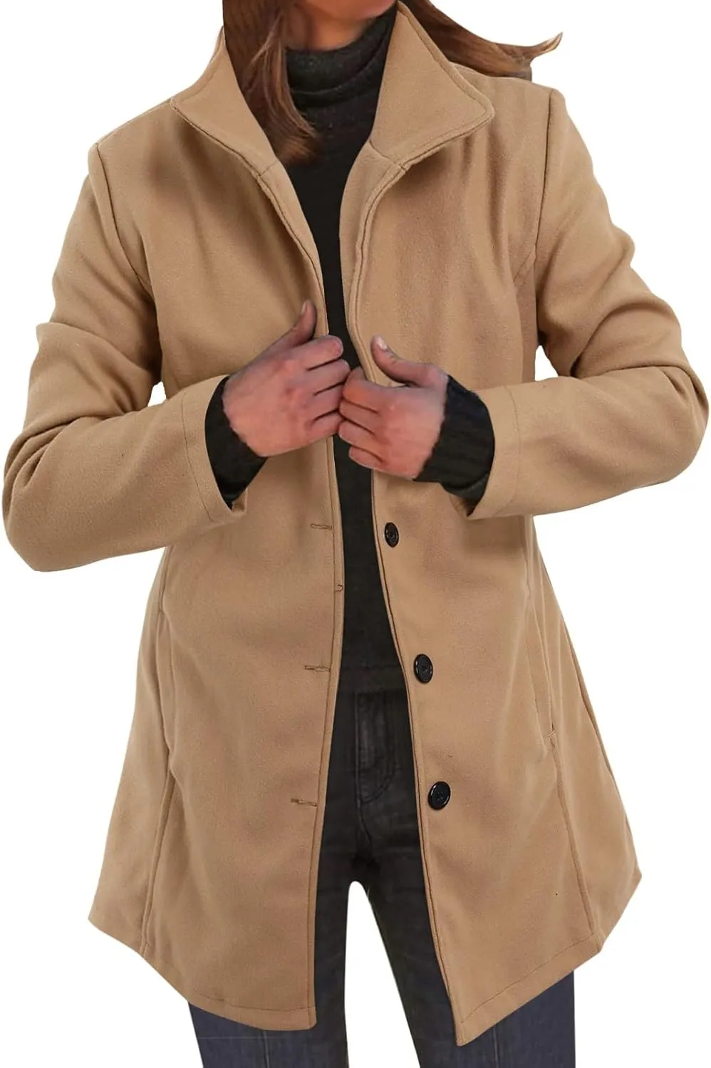 cooki Winter Coats for Women Lapel Single Breasted Pea Coats Women's Wool Blend Trench Coats Casual Button Down Jackets