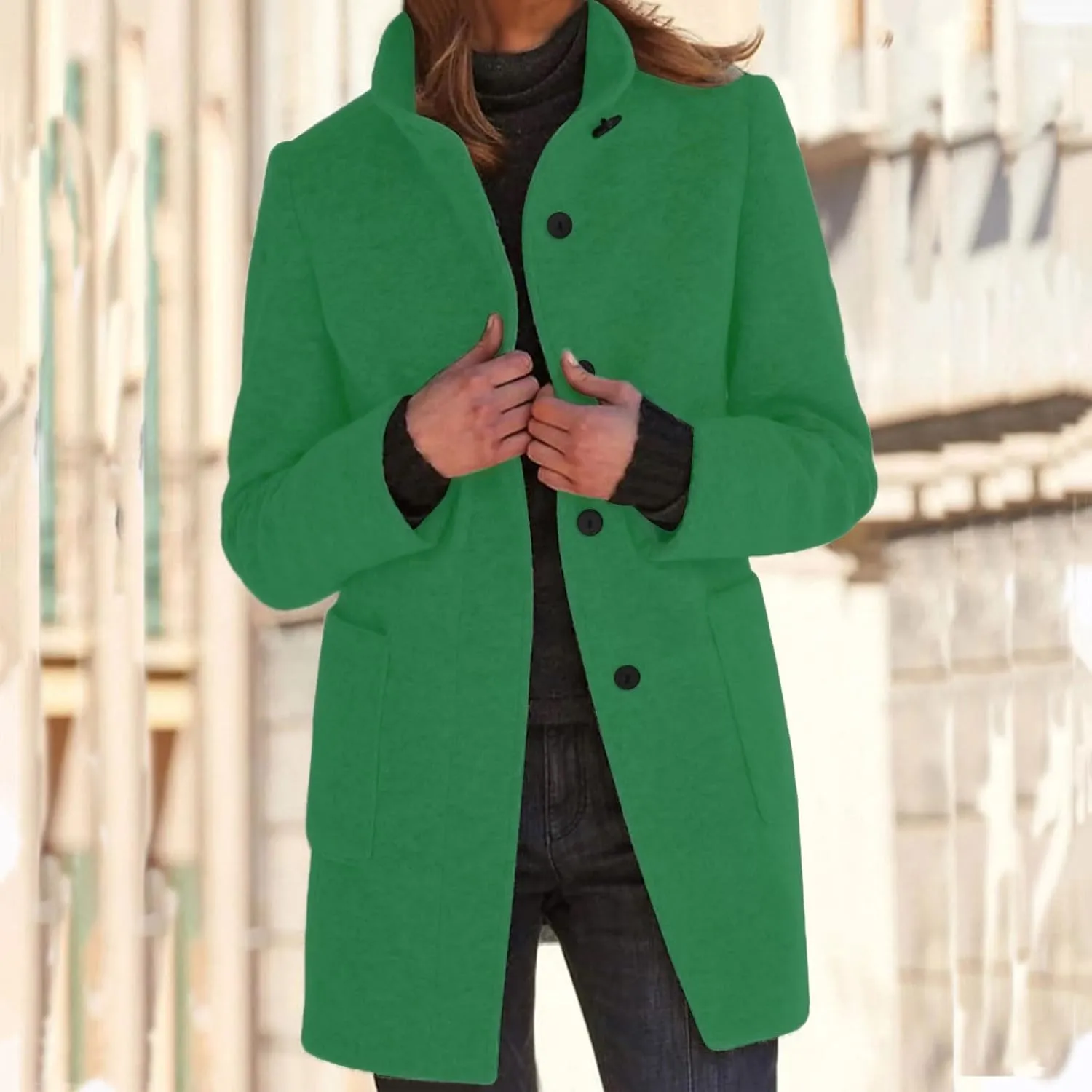 cooki Winter Coats for Women Stand Collar Single Breasted Wool Blend Long Pea Coats Casual Trench Coats Blazer Jackets