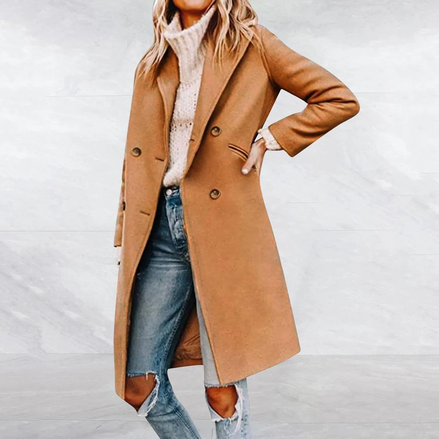 cooki Winter Coats Womens 2024 Trendy Long Trench Coat Lapel Wool Blend Pea Coats Warm Sherpa Jacket with Pockets