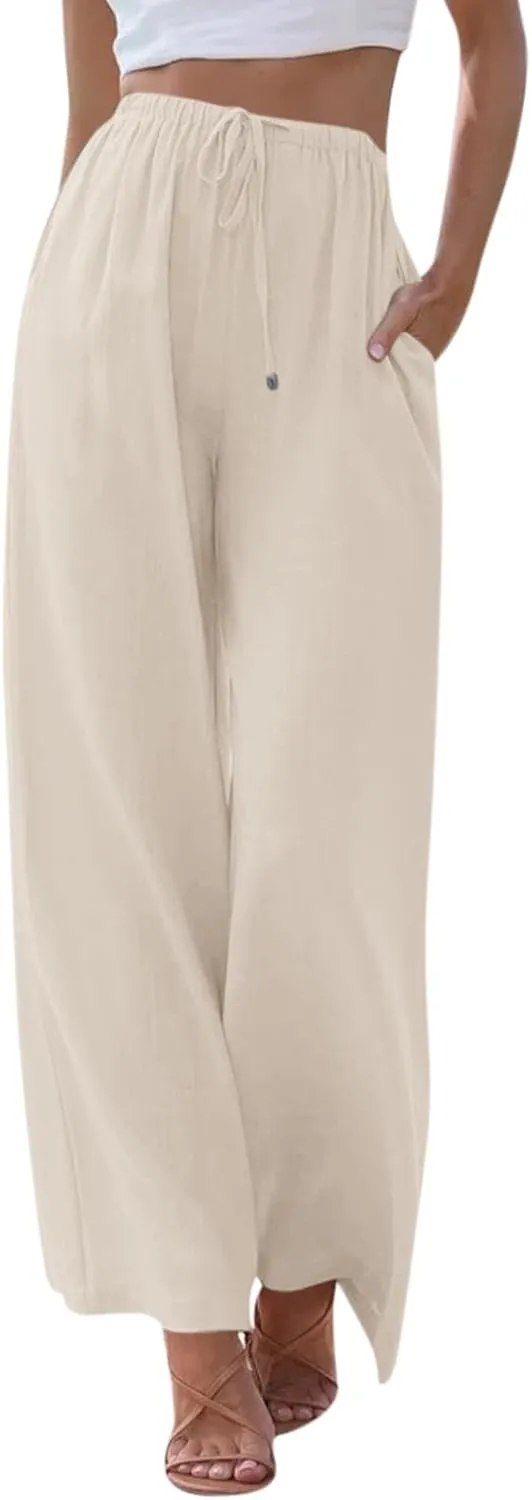 Cotton Linen Pants for Women Drawstring Flowy Wide Leg Pants Summer Casual Palazzo Pants Trendy Linen Pants