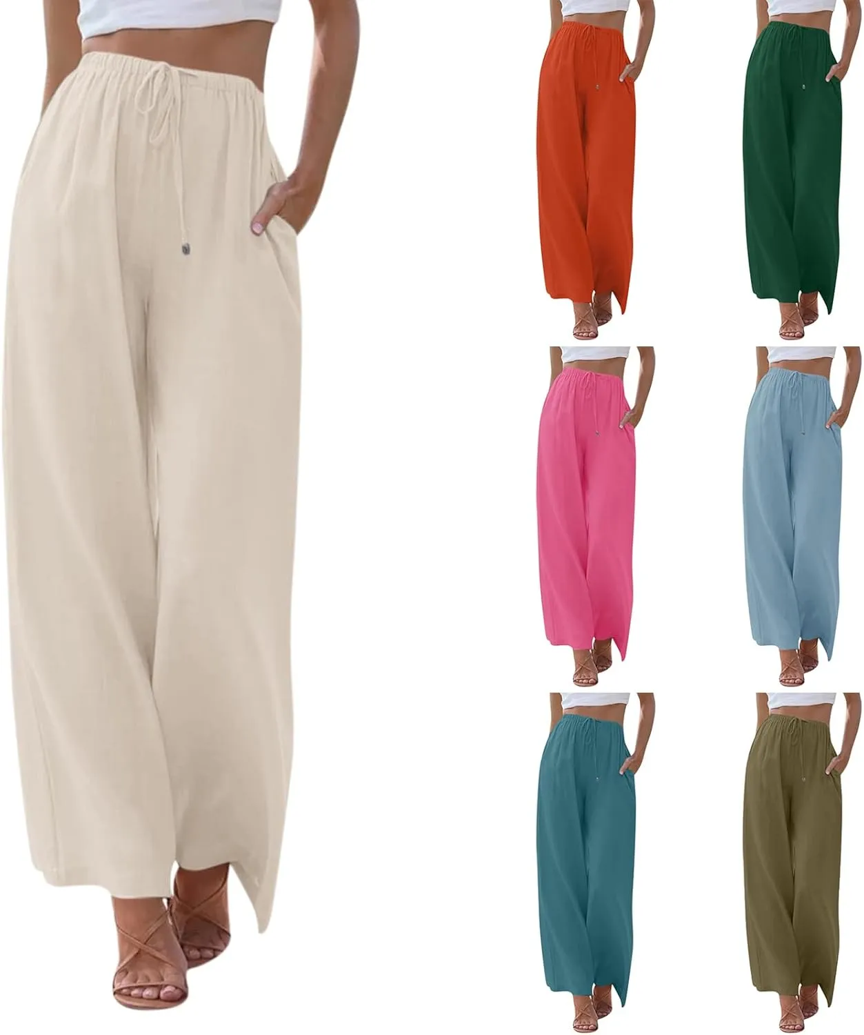 Cotton Linen Pants for Women Drawstring Flowy Wide Leg Pants Summer Casual Palazzo Pants Trendy Linen Pants