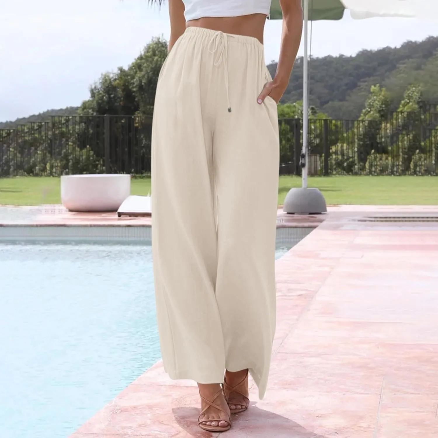 Cotton Linen Pants for Women Drawstring Flowy Wide Leg Pants Summer Casual Palazzo Pants Trendy Linen Pants