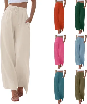 Cotton Linen Pants for Women Drawstring Flowy Wide Leg Pants Summer Casual Palazzo Pants Trendy Linen Pants