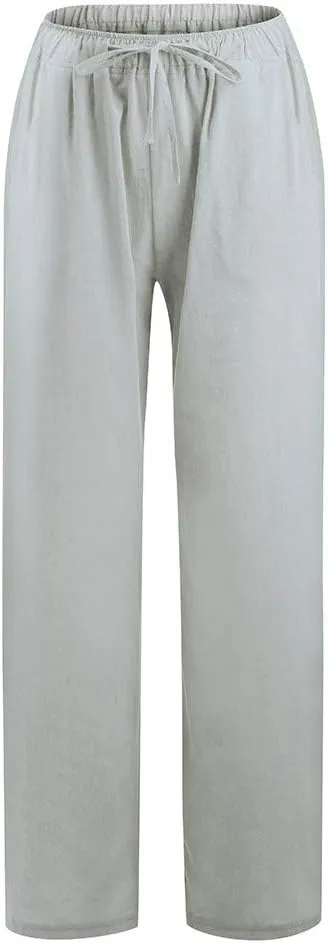 Cotton Linen Pants for Women Lightweight High Waisted Pants Tie Knot Wide Leg Pants Summer Lounge Pants with Pockets